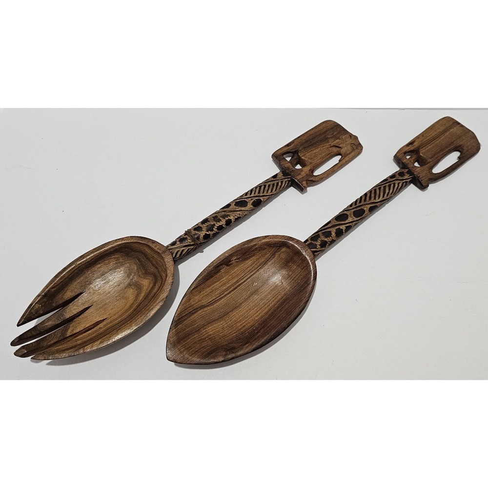 Hand Carved Elephant Salad Serving Spoon And Fork